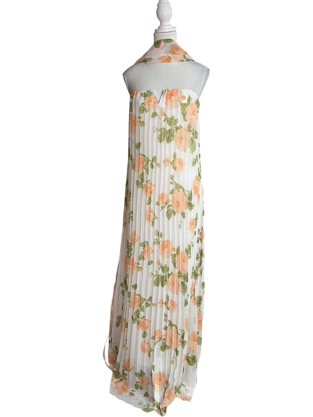 Lulus Lael Strapless Pleated Dress and Scarf White Peach Floral